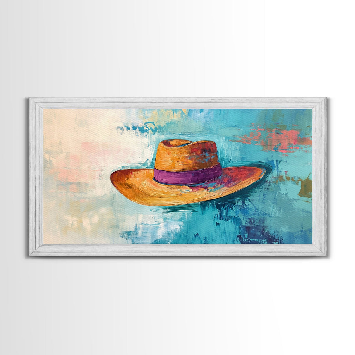 Western Hat, Boho Art, Rustic Wall Art, Southwest Art, Moody Painting, Extra Wide Art, Minimalist Art, Framed Canvas Print