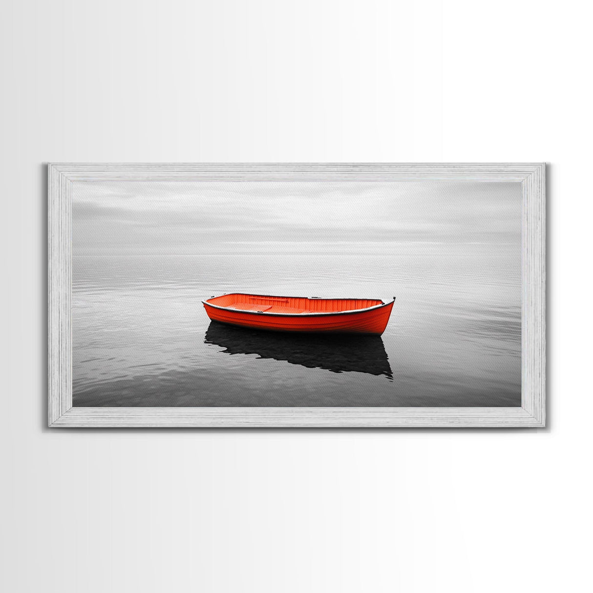 Lone Red Boat, coastal wall art, seascape painting, nautical decor, minimalist art, black and white photography, above couch art, Framed Canvas Print