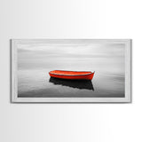 Lone Red Boat, coastal wall art, seascape painting, nautical decor, minimalist art, black and white photography, above couch art, Framed Canvas Print