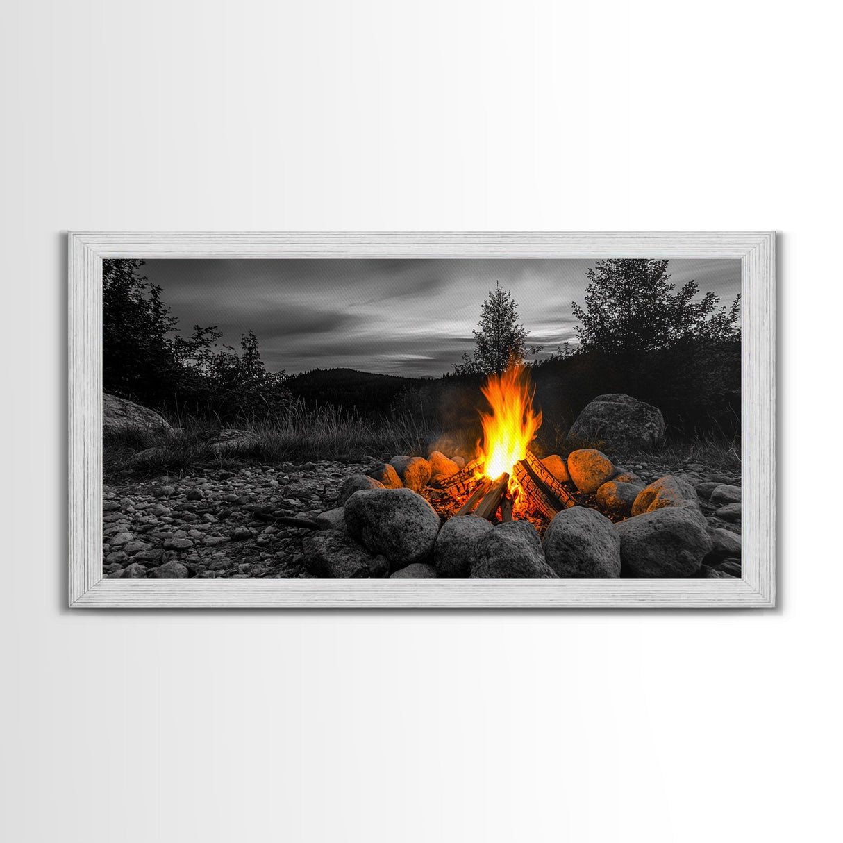 Rustic Campfire Art Framed Canvas Print | Moody Art | Cozy Cabin Wall Art | Above Couch Art | Warm Fireplace Decor | Gift Idea | Fall Wall Art