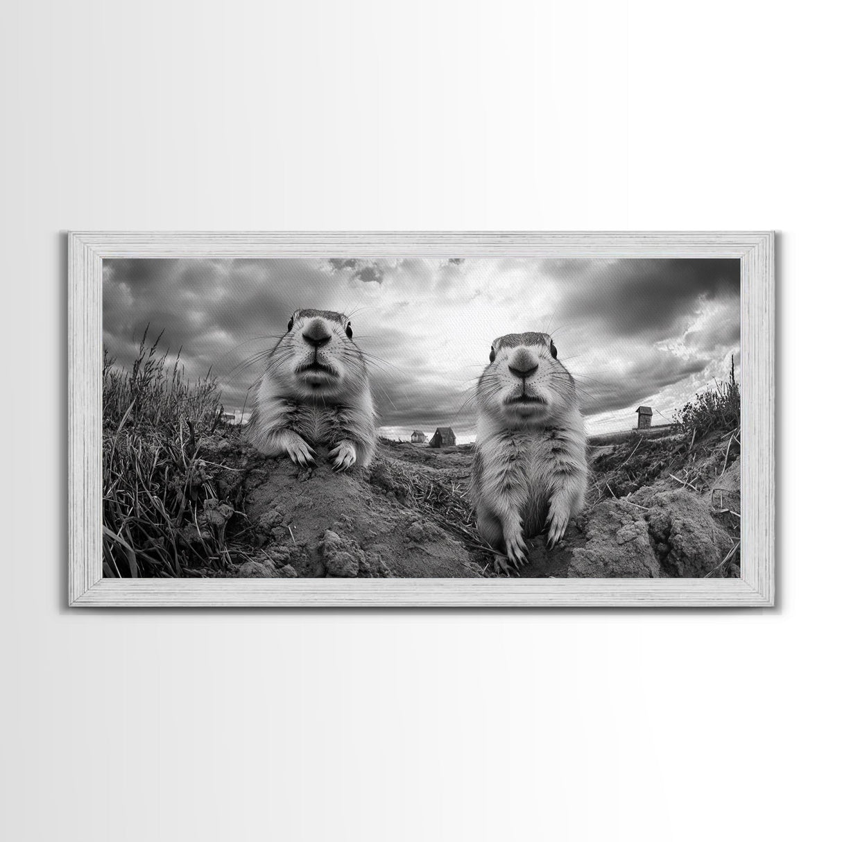 Prairie dogs, whimsical art, rustic wall art, farmhouse art, nature painting, extra wide art, above couch art, framed canvas print