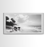 Cattle on beach, coastal cowgirl wall art, rustic decor, farmhouse art, landscape painting, panoramic painting, extra wide art, framed canvas print