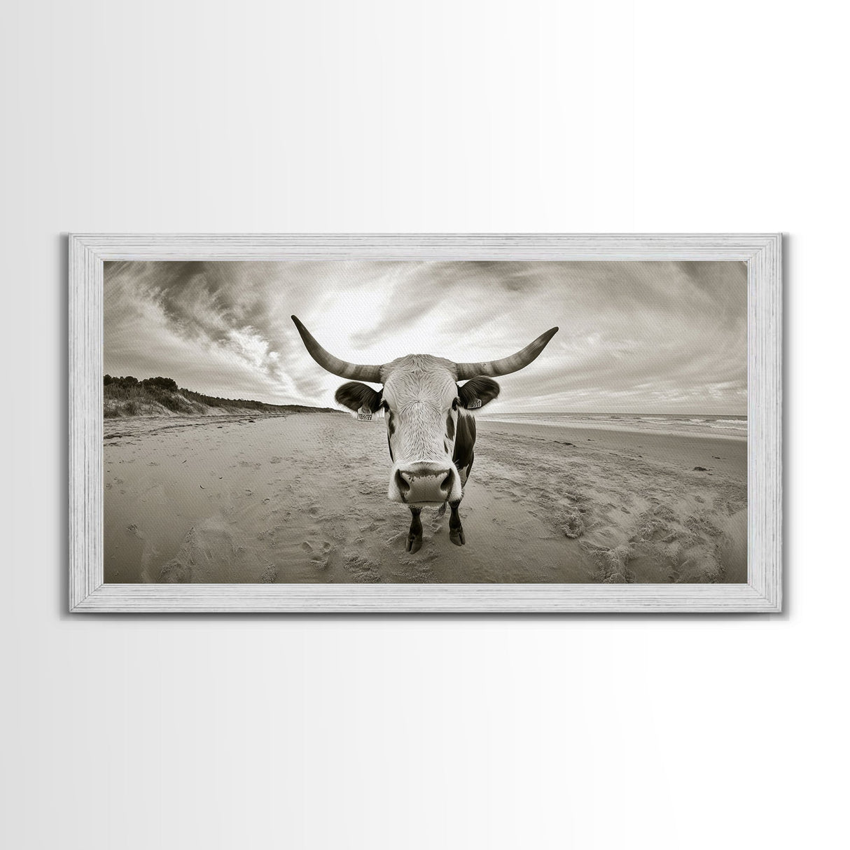 Longhorn, beach, western decor, rustic art, farmhouse art, extra wide art, above sofa art, panoramic painting, framed canvas print
