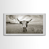 Longhorn, beach, western decor, rustic art, farmhouse art, extra wide art, above sofa art, panoramic painting, framed canvas print