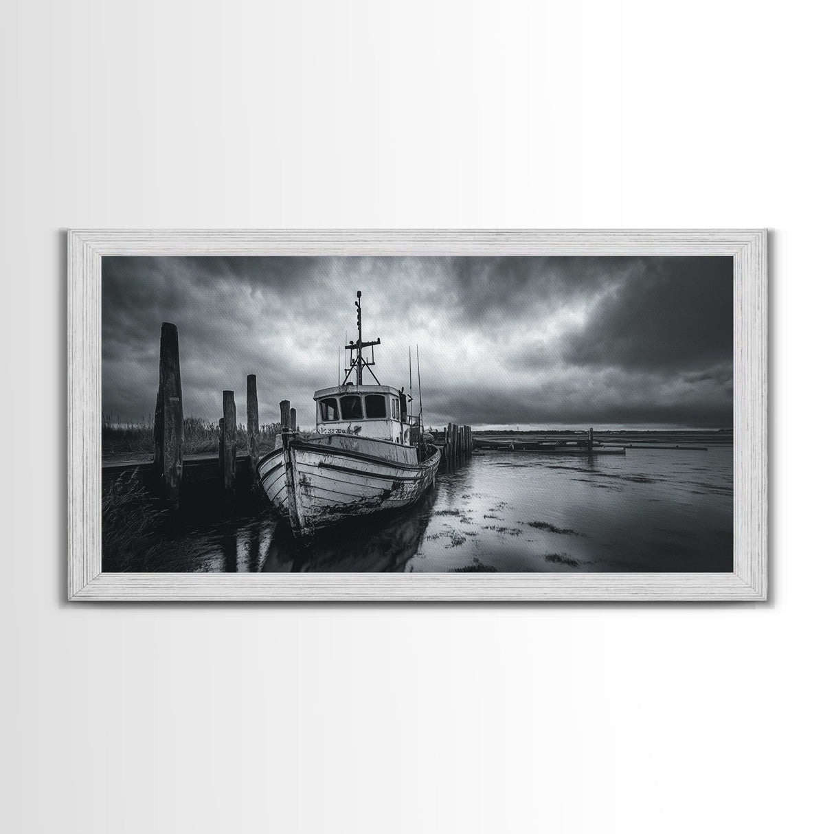 Fishing boat, nautical decor, coastal painting, rustic art, panoramic painting, extra wide art, above sofa art, framed canvas print