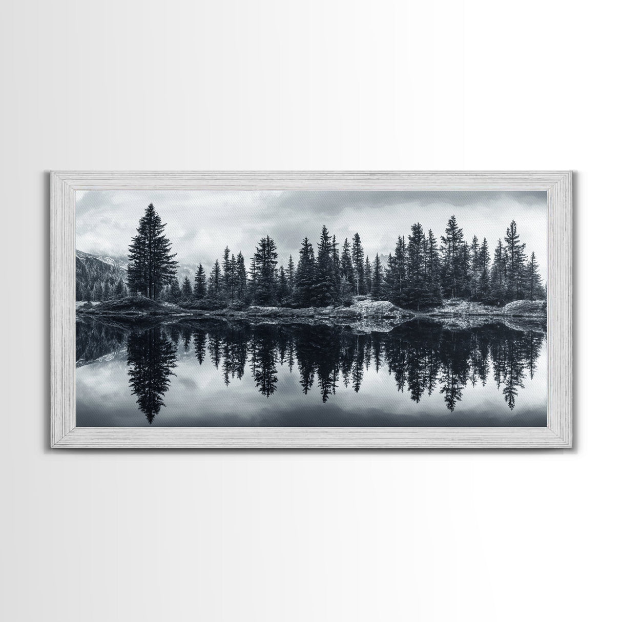Pine tree reflection, moody art, mountain painting, pine tree art, rustic decor, panoramic art, extra wide art, framed canvas print