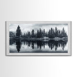 Pine tree reflection, moody art, mountain painting, pine tree art, rustic decor, panoramic art, extra wide art, framed canvas print