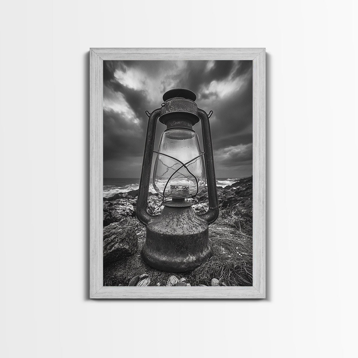 Stormy Lantern by the Sea, nautical decor, moody art, seascape painting, coastal painting, rustic wall art, framed canvas print