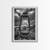 Stormy Lantern by the Sea, nautical decor, moody art, seascape painting, coastal painting, rustic wall art, framed canvas print
