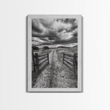 Open Ranch Gate, southwest wall art, moody art, western home decor, rustic art, farmhouse painting, framed canvas print, cowboy aesthetic