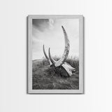Large horns, rustic skull, bull and bear art, moody wall art, desert decor, cowboy aesthetic, framed canvas print, minimalist art