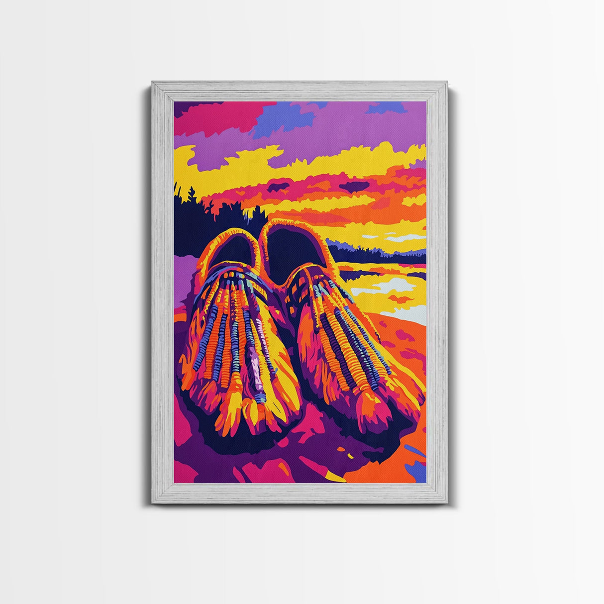 Beaded Moccasins Art, Southwest Wall Art, Pink Orange Wall Art, Boho Western Art, Framed Canvas Print, Rustic Home Decor