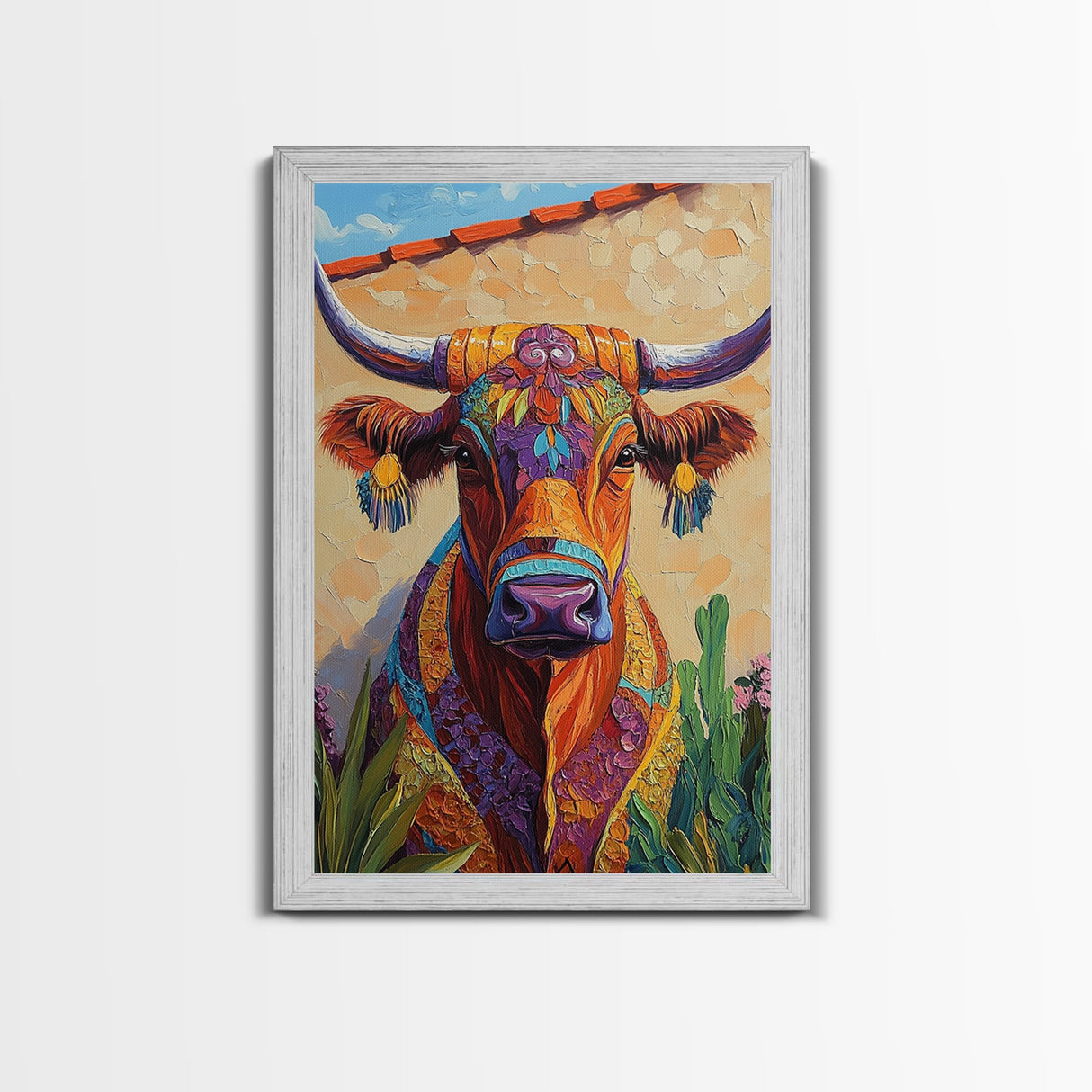 Colorful Bull, Mosaic Wall Art, Chicano Art, Southwest Wall Art, Canvas Print, Farmhouse Art, Rustic Decor, Gift Idea, Boho Art