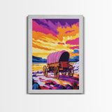 Colorful Wagon, pink orange wall art, landscape painting, southwest wall art, farmhouse art, boho art, framed canvas print, above bed art
