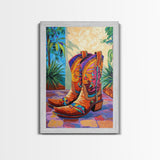 Painted Boots, coastal cowgirl wall art, vibrant rustic decor, colorful western art, cowboy art, southwest wall art, framed canvas print, gift idea