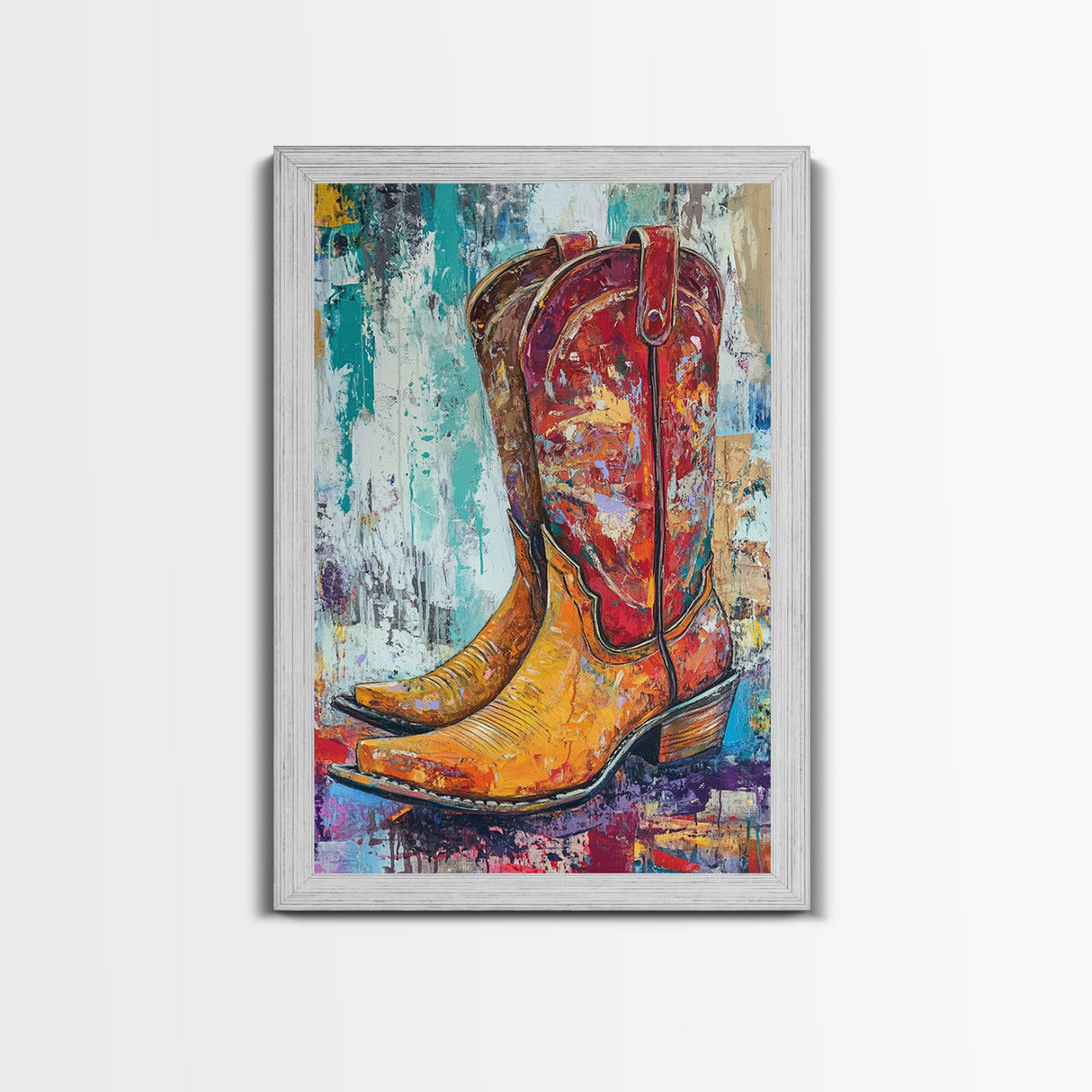 Western Boots, rustic wall art, abstract art, cowboy painting, farmhouse art, bold textured art, framed canvas print, vintage gift idea