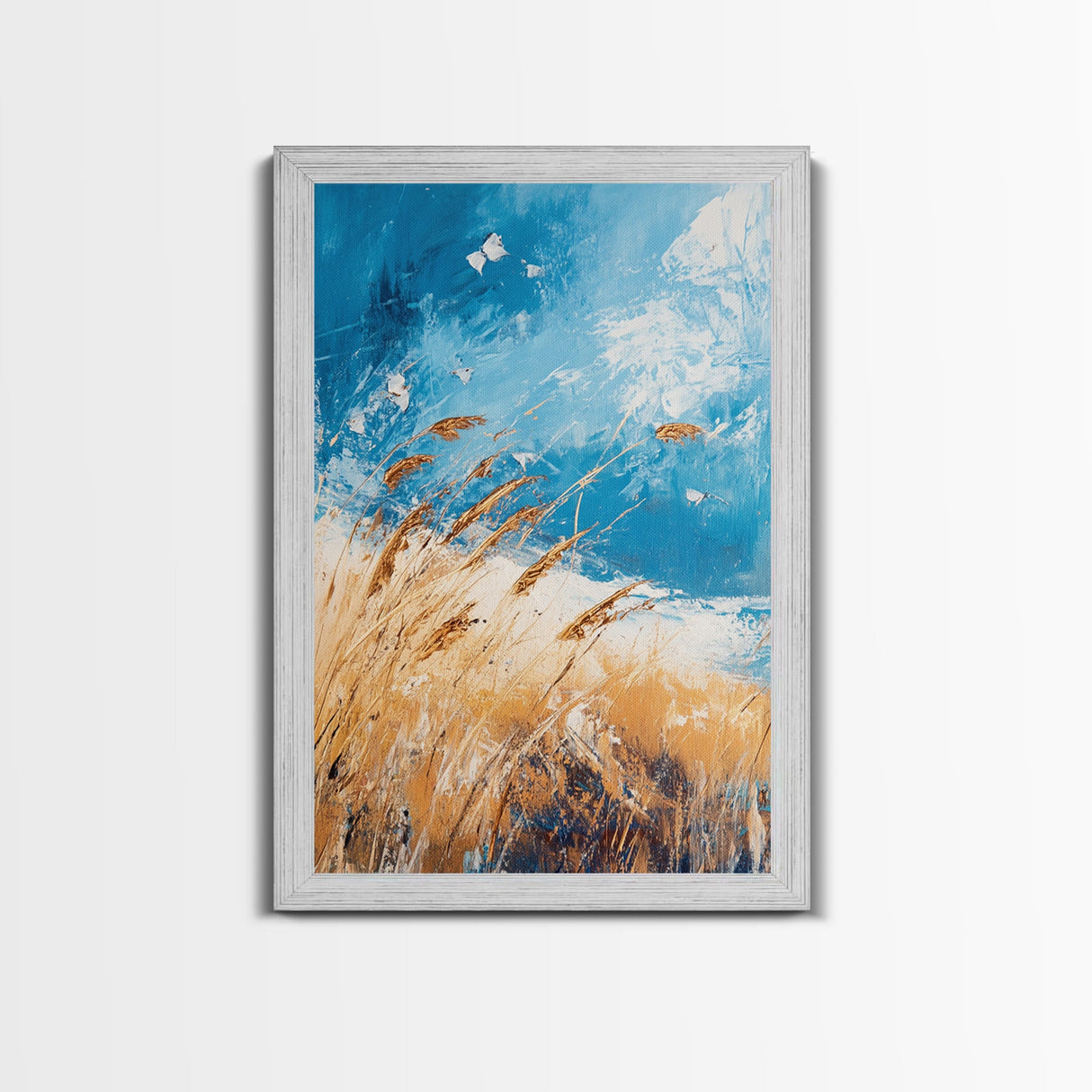 Wheat Field, blue sky, golden harvest, windy landscape, nature wall art, rustic decor, framed canvas print, farmhouse wall art