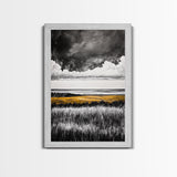 Moody Landscape, dramatic clouds, black and white, gold fields, panoramic art, rustic decor, framed canvas print, extra wide art