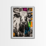 Black and White Cow, rustic art, farmhouse art, bull and bear art, southwest wall art, abstract animal painting, Framed Canvas Print