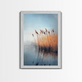 Lake Reeds Reflection, wabi sabi art, minimalist art, coastal decor, coastal landscape art, nautical painting, Framed Canvas Print