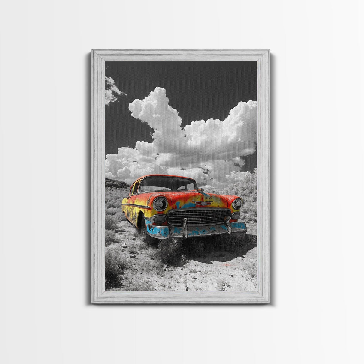 Vintage Car, Custom Car Painting, Graffiti Wall Art, Rustic Art, Old Car Scene, Moody Art, Framed Canvas Print, Landscape Art