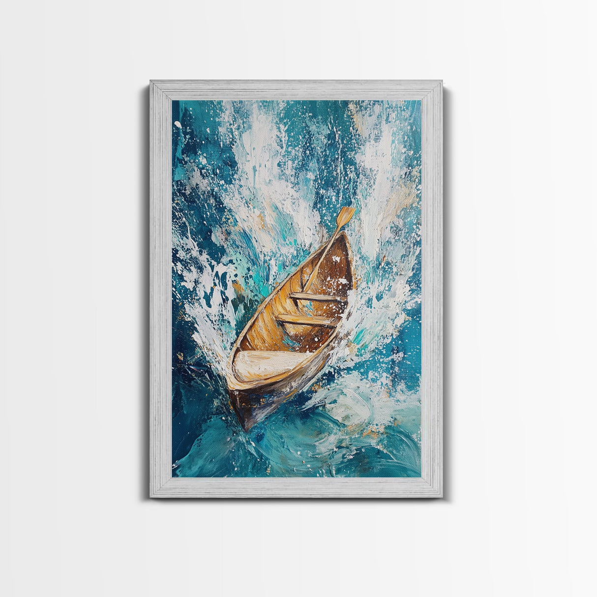 Wooden Boat in Waves, nautical painting, coastal decor, ocean waves art, seascape painting, framed canvas print, living room art, rustic art