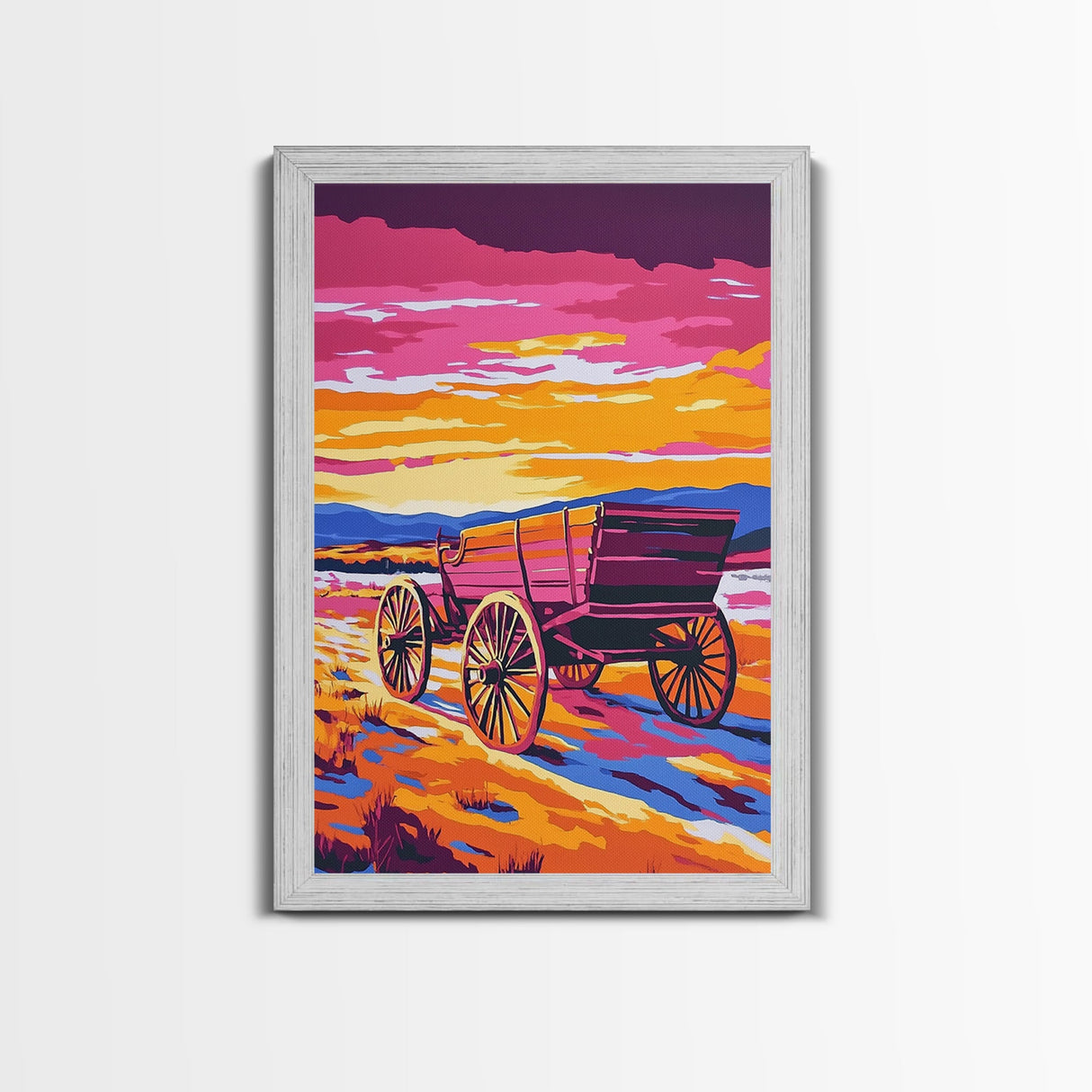 Sunset Wagon Art, pink orange wall art, Joshua tree art, rustic wall art, warm tones painting, framed canvas print, gift idea, extra wide art