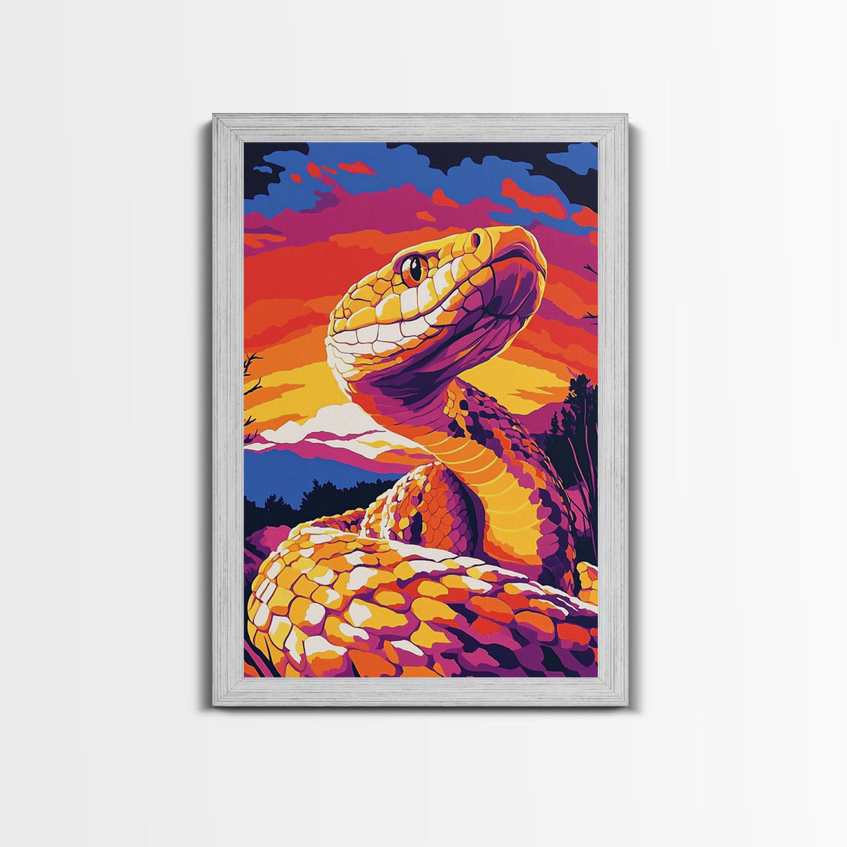 Rattlesnake Sunset, Bold Snake Art, Vibrant Southwest Decor, Wildlife Art, Nature Painting, Canvas Print, Living Room Art
