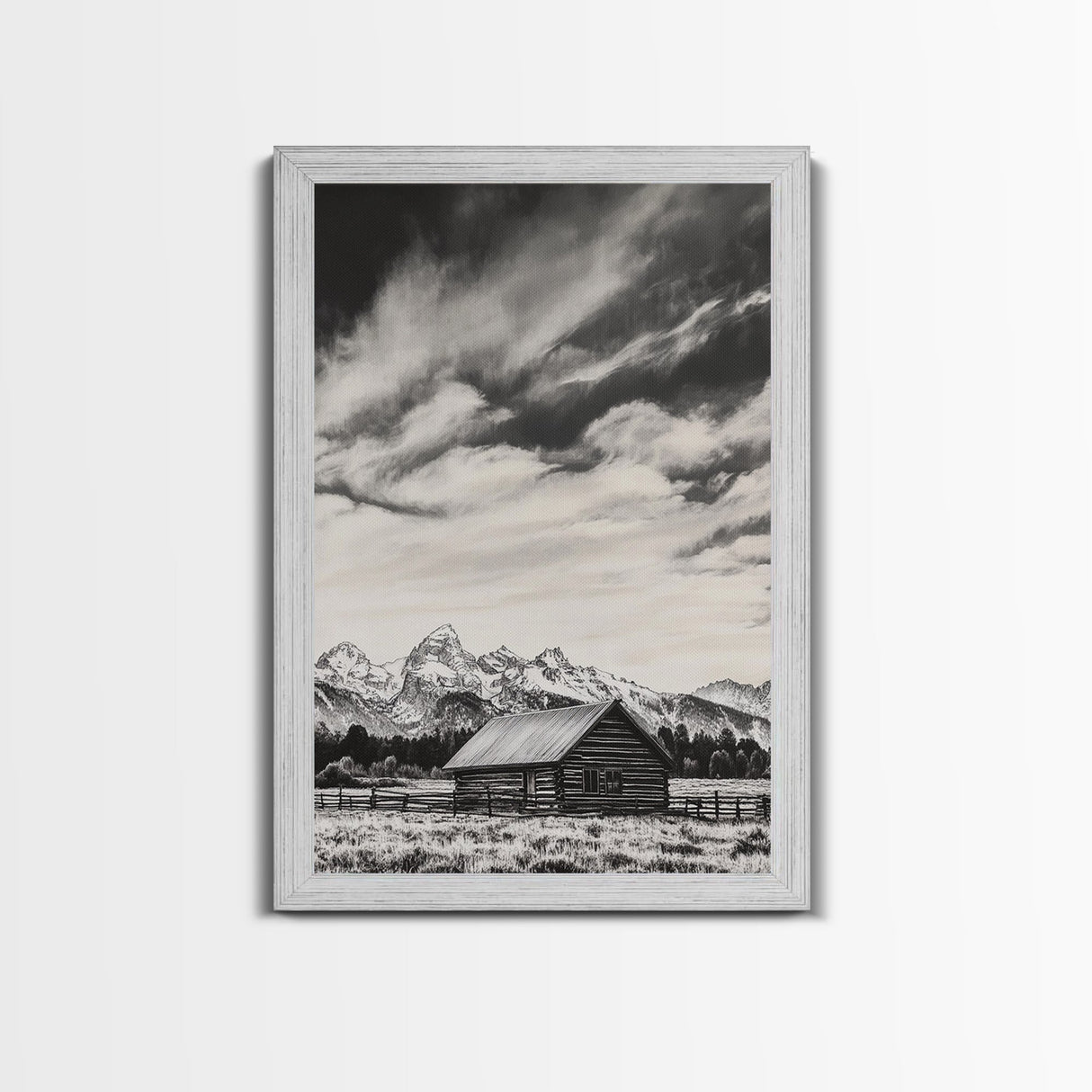Rustic Cabin, Smoky Mountain Art, Black and White Landscape, Western Wall Art, Wabi Sabi Art, Farmhouse Decor, Canvas Print