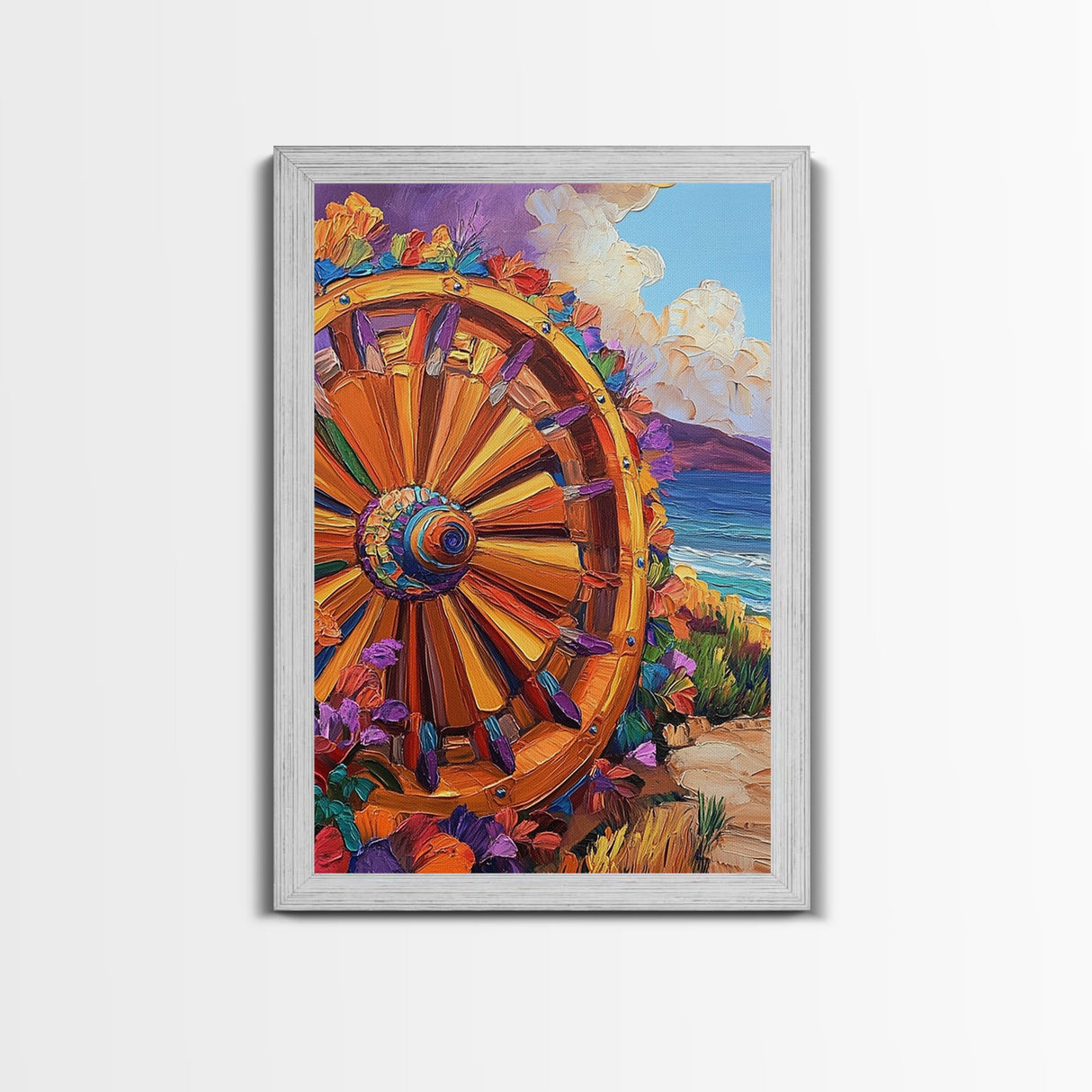 Wagon Wheel Art, Wildflower Painting, Rustic Wall Art, Framed Canvas Print, Boho Aesthetic, Southwest Decor, Farmhouse Art, Gift Idea