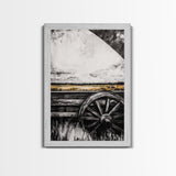 Rustic Wagon Wheel, Moody Art, Farmhouse Wall Art, Framed Canvas Print, Southwest Decor, Western Aesthetic, Above Sofa Art, Gift Idea