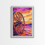 Sunset Wagon Wheel, Bold Color Painting, Southwest Wall Art, Framed Canvas Print, Rustic Decor, Western Aesthetic, Extra Wide Art, Gift Idea