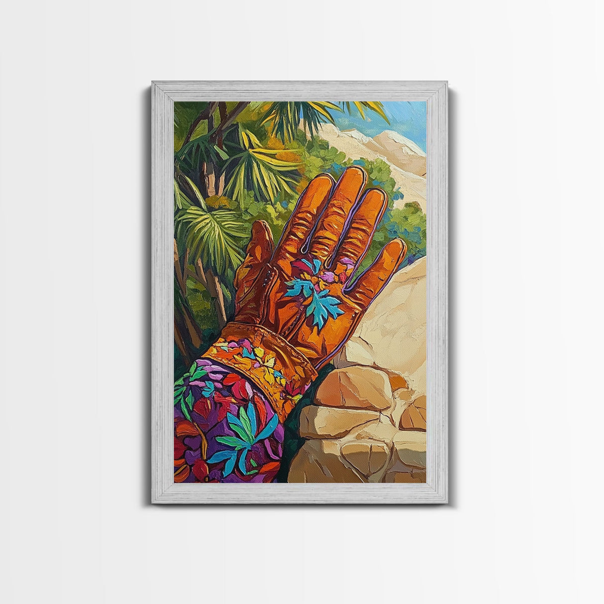 Embroidered Glove, southwest wall art, vintage folk art, botanical prints, rustic art, moody art, unique gift idea, Framed Canvas Print