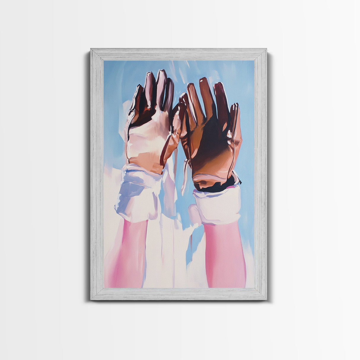 Leather Gloves Up, rustic wall art, cowboy art, boho art, wabi sabi art, warm neutral painting, above sofa art, Framed Canvas Print