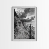 Coastal Path, stormy beach, dramatic sky, coastal wall art, black and white, framed canvas print, moody landscape, nautical decor