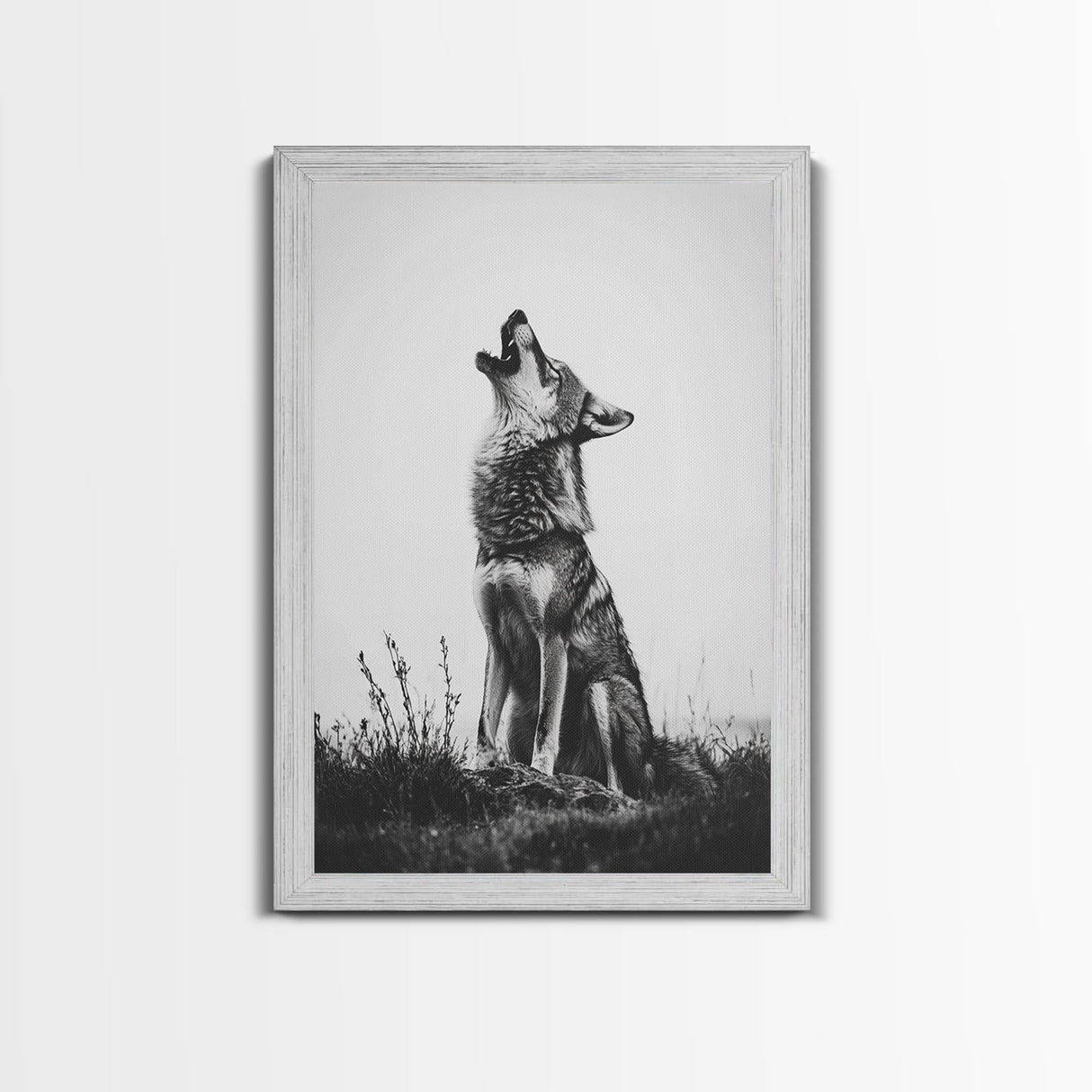 Howling Wolf, wildlife art, moody art, rustic decor, nature photography, black and white animal print, framed canvas print, minimalist art