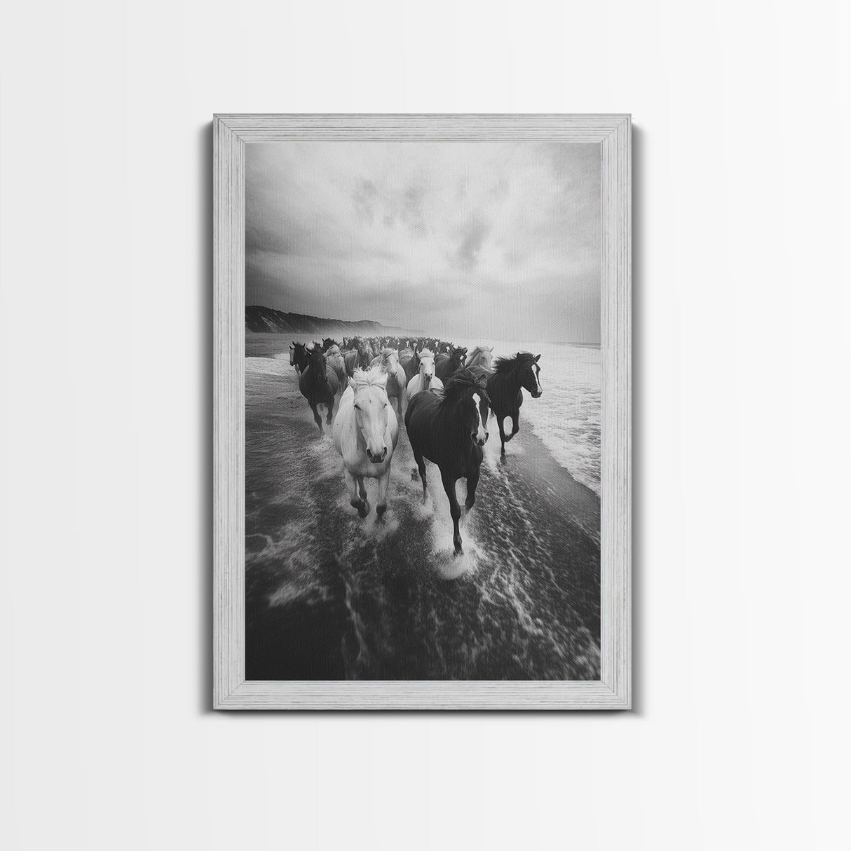 Horse wall art, wild mustangs, moody art, rustic decor, nature photography, black and white art, panoramic art, canvas print, living room art