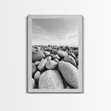 Stone beach, coastal landscape art, black and white art, wabi sabi wall art, minimalist art, nature photography, framed canvas print