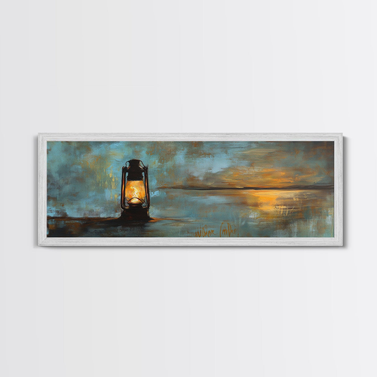 Lantern, rustic art, moody art, oil painting, long narrow wall art, extra wide art, above sofa art, Framed Canvas Print