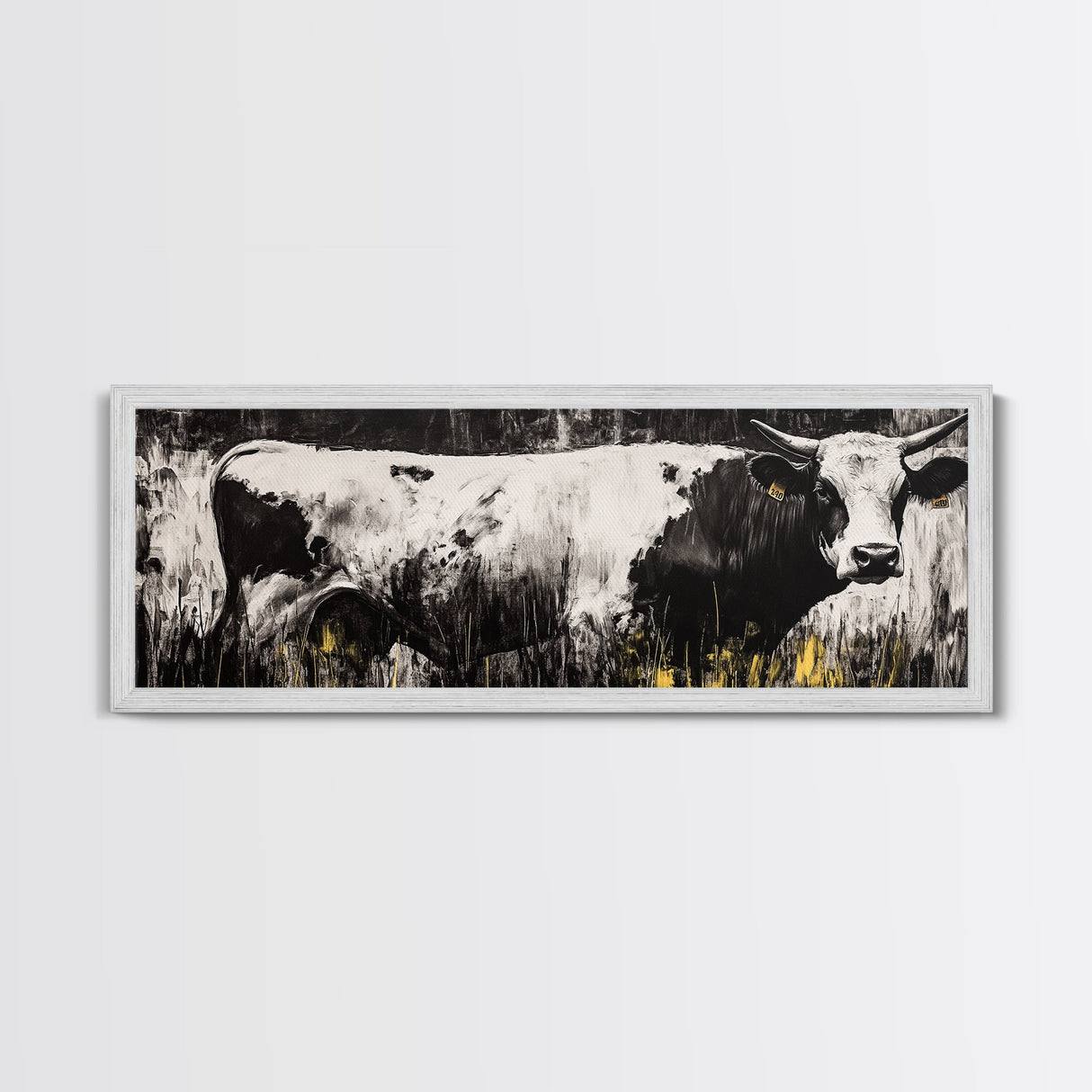 Black and White Cow, farmhouse art, rustic wall art, extra wide art, wabi sabi art, vintage horse art, Canvas Print