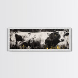 Black and White Cow, farmhouse art, rustic wall art, extra wide art, wabi sabi art, vintage horse art, Canvas Print