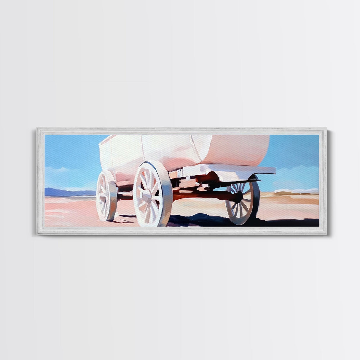 White Wagon, western painting, rustic art, farmhouse wall art, above couch art, cowboy decor, panoramic painting, canvas print, extra wide art