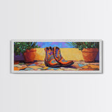 Floral Cowboy Boots, boho art, chicano art, whimsical art, southwest wall art, western decor, pink orange wall art, Framed Canvas Print