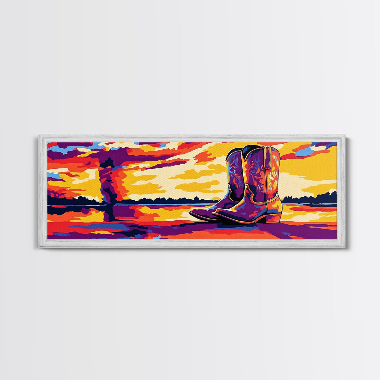 Cowboy Boots Art, Pink Orange Wall Art, Coastal Cowgirl Wall Art, Framed Canvas Print, Western Decor, Extra Wide Art, Rustic Art