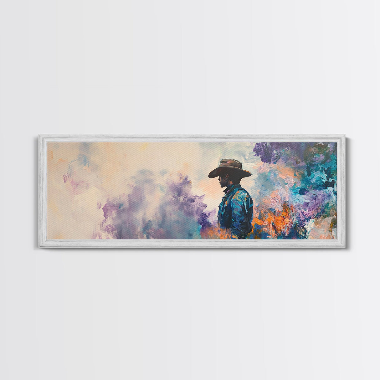 Lone Cowboy Painting, Panoramic Art, Rustic Decor, Framed Canvas Print, Blue and Green Wall Art, Moody Art, Southwest Wall Art