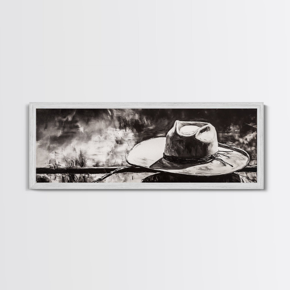 Western Hat Art, Black and White Art, Framed Canvas Print, Rustic Wall Art, Wabi Sabi Art, Extra Wide Art, Minimalist Art