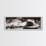 Western Hat Art, Black and White Art, Framed Canvas Print, Rustic Wall Art, Wabi Sabi Art, Extra Wide Art, Minimalist Art