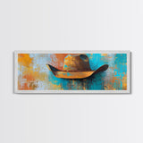 Western Hat Painting, Abstract Cowboy Art, Framed Canvas Print, Extra Wide Art, Rustic Decor, Blue and Green Wall Art, Wabi Sabi Art
