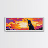 Colorful Wolf Art, sunset animal painting, moody art, pink orange wall art, extra wide art, framed canvas print, panoramic painting