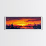 Sunset Cactus Art, southwest wall art, desert landscape painting, extra wide art, panoramic painting, framed canvas print, rustic decor, horizontal wall art